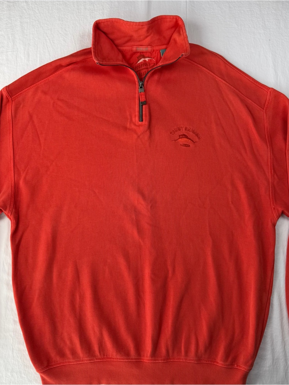 Tommy Bahama Relax Mens L Coral Orange 1/4 Zip Pullover Sweater 100% Cotton
